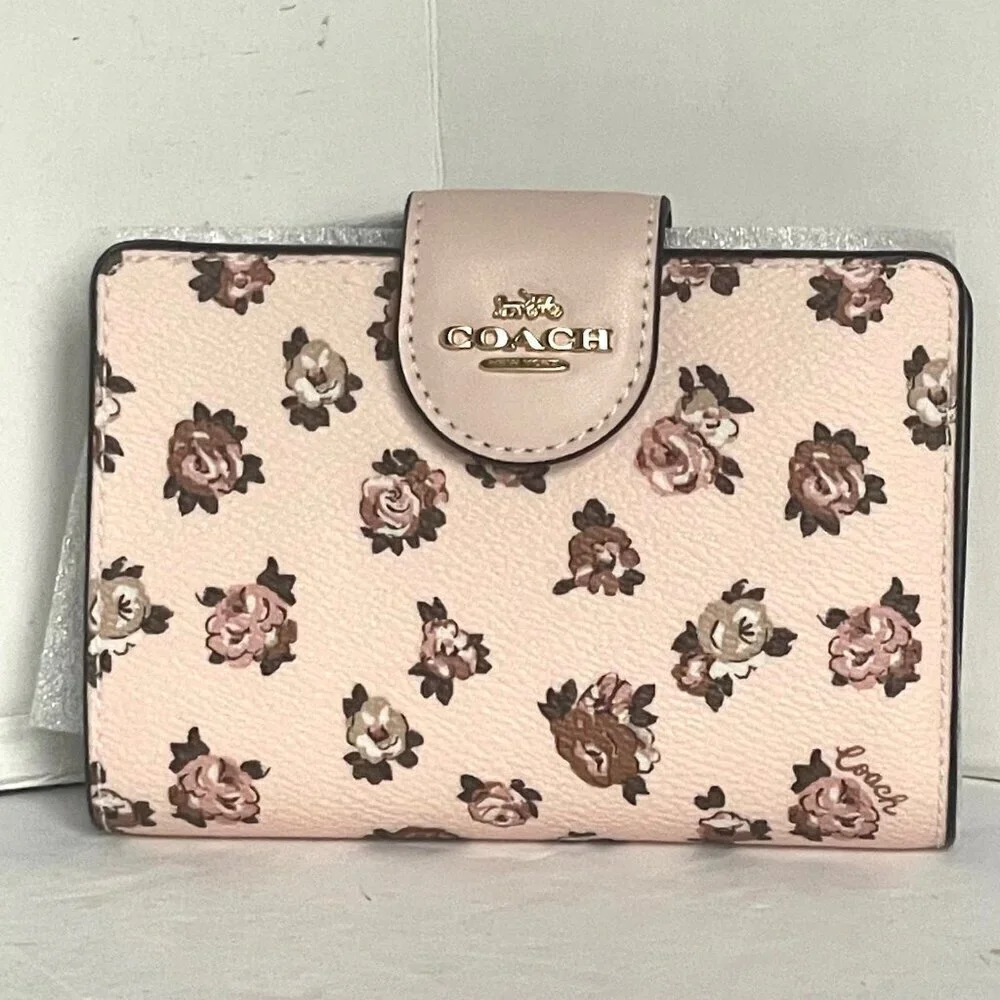 Coach Medium Corner Zip Wallet Rosette Floral Pink Canvas CZ343 Compact ORG PKG